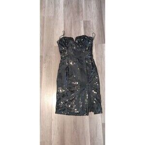 Vintage L.A. Glo Black Sequin Party Dress. Midi Strapless. Size 9/10. B62